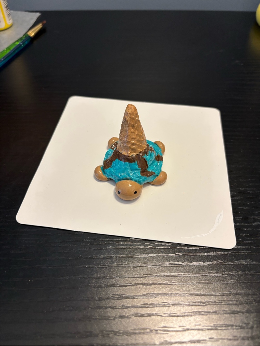 Handmade Turtle Ice Cream Cone Figurine - Turquoise & Tan